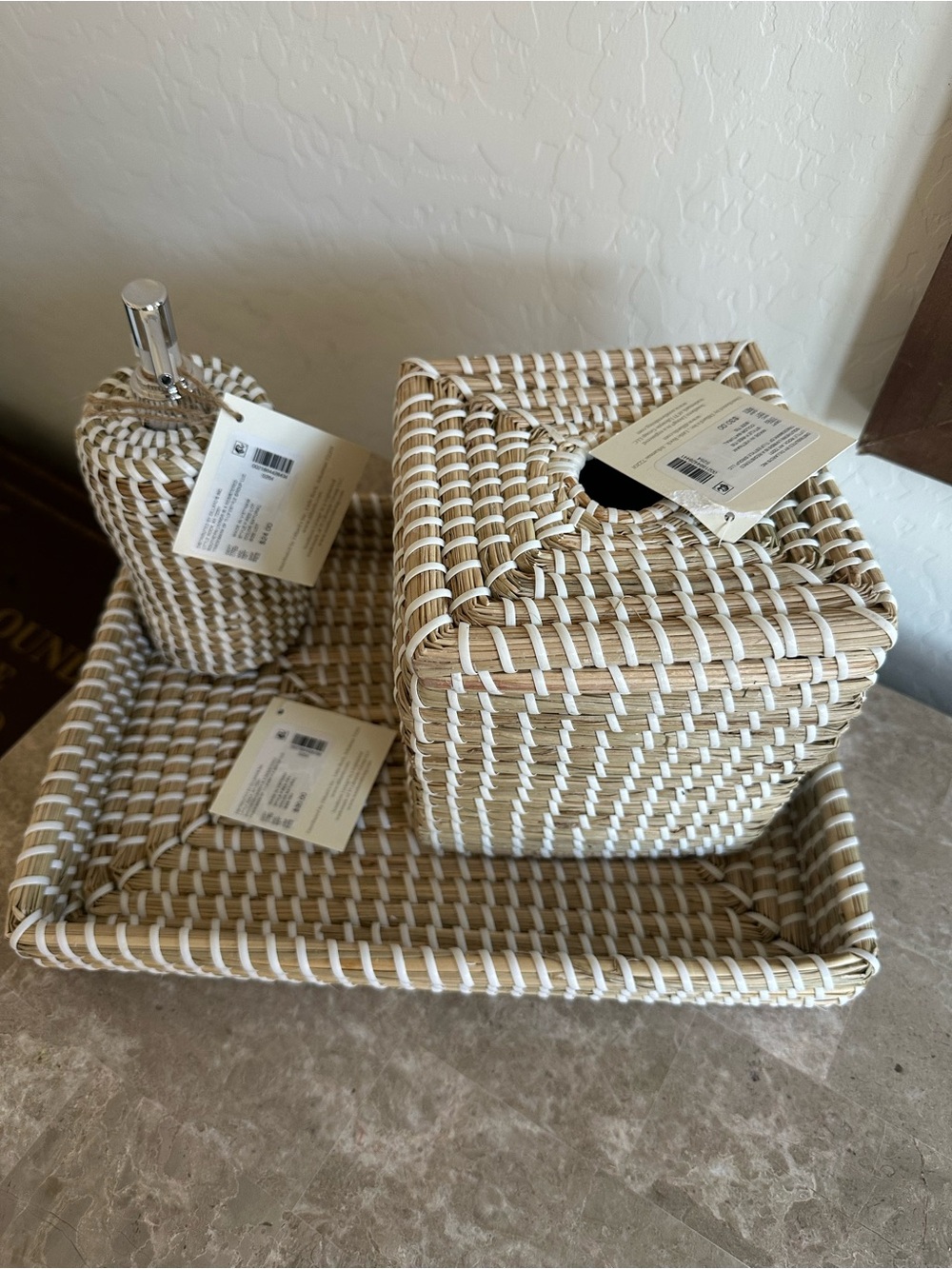 Southern Living Natural and White Woven Bath Accessory Set